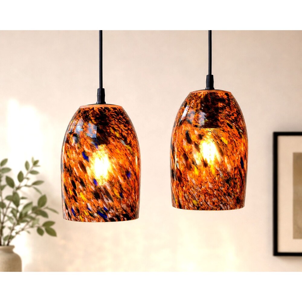2 Hand Blown Art Glass Cased Pendant Light Shades Orange Amber Blue Swirl